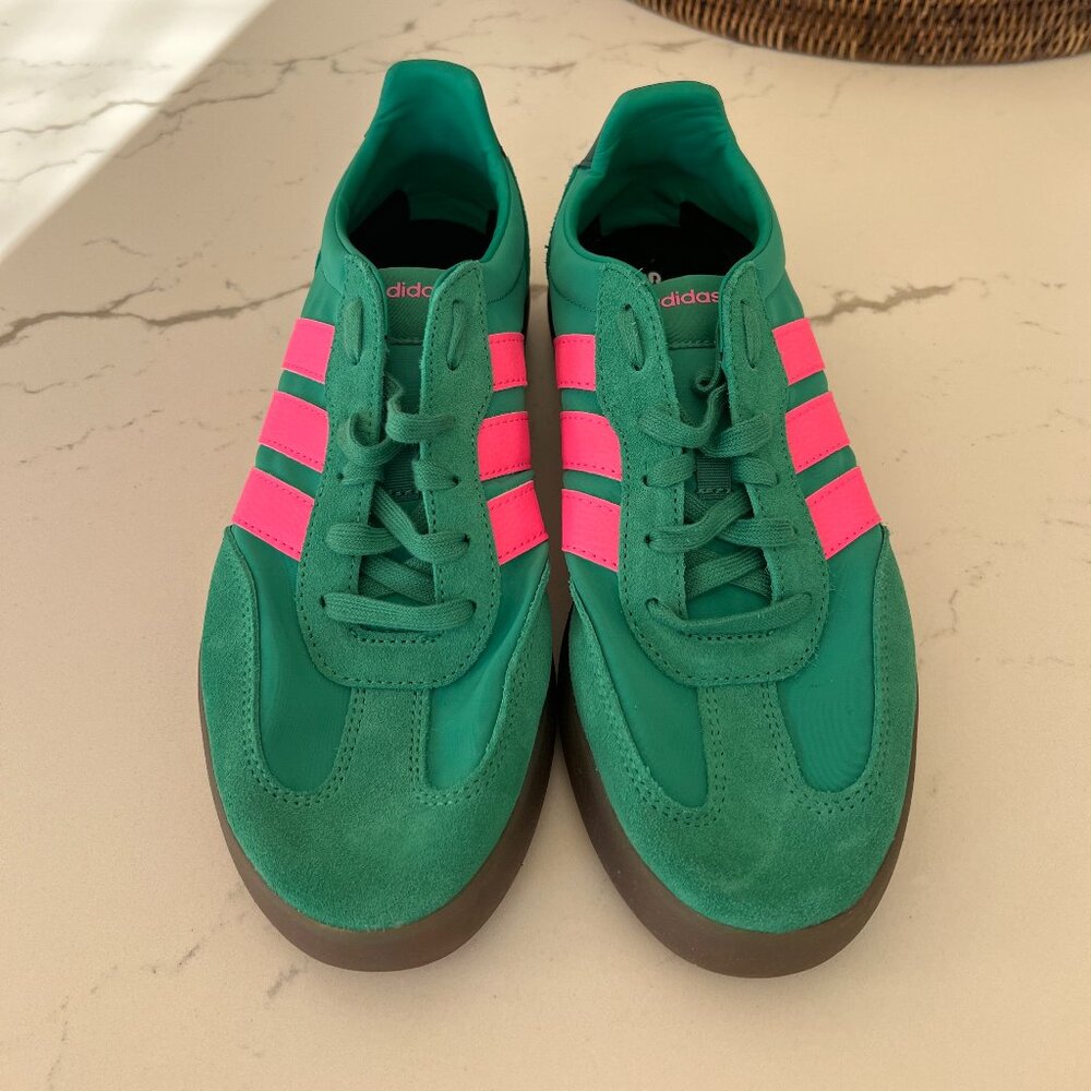 NOFB Addidas Barreda in bright green with pink Addidas stripes Ladies 9.5
